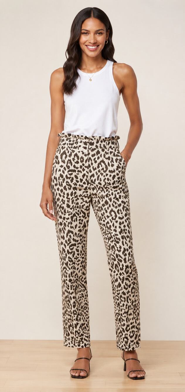 J Crew Ruffle Waist Linen Leopard Pant Trouser Womens Size 0 Tall Animal Print